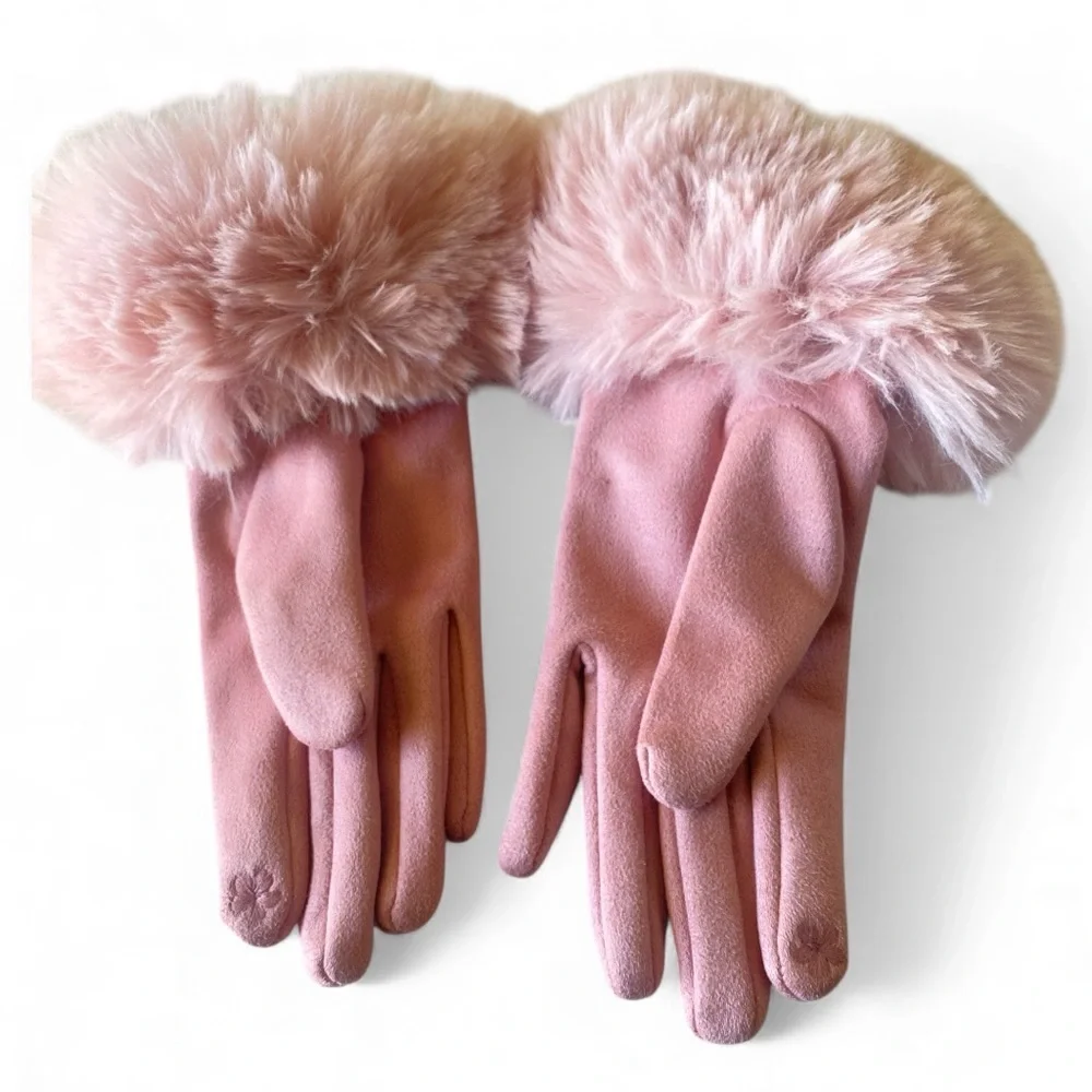 Elegant Pink Faux Fur Fur-Trimmed Smart Touch Winter Gloves Large Accessories